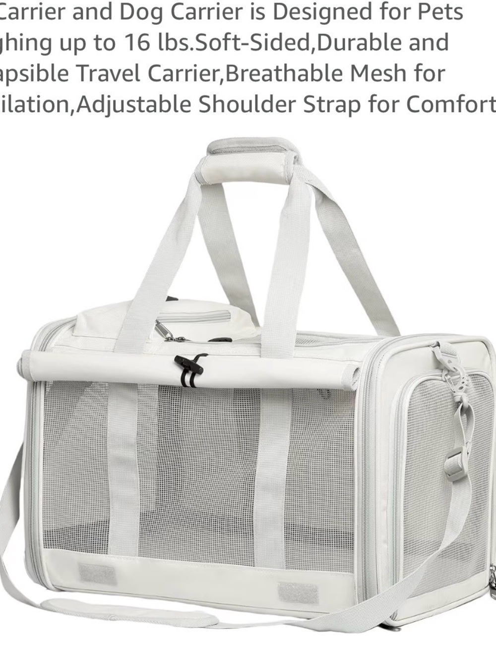 Soft-Sided White Cat & Small Dog Travel Carrier with Mesh Ventilation